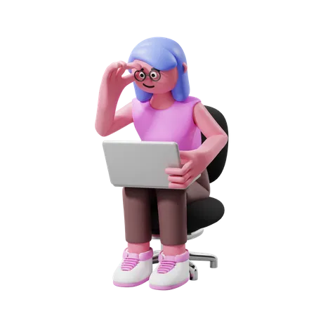 Mujer Joven Sentada Y Viendo La Computadora Portatil 3D Illustration