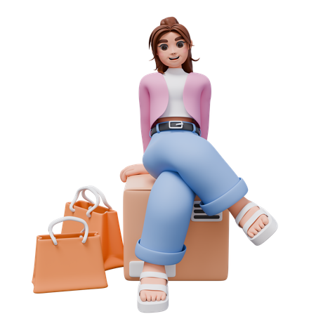 Mujer sentada sobre una caja de paquete  3D Illustration