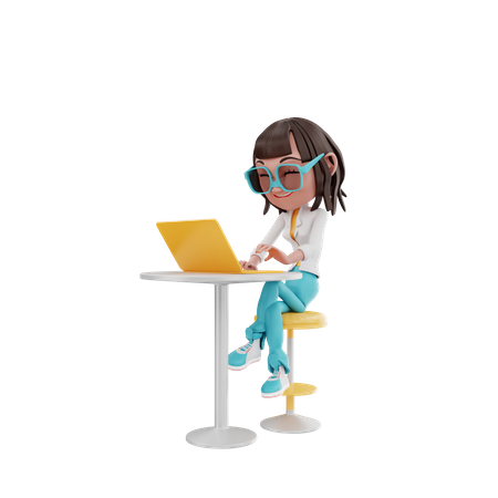 La mujer se sienta y se concentra con la computadora portátil en la mesa  3D Illustration