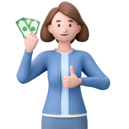 Mujer sosteniendo dinero en efectivo y dando el pulgar hacia arriba  3D Illustration