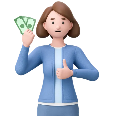 Mujer sosteniendo dinero en efectivo y dando el pulgar hacia arriba  3D Illustration