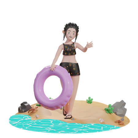 Mujer sosteniendo globo flotante  3D Illustration