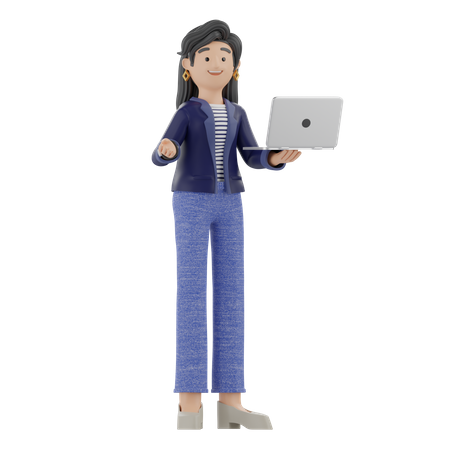 Mujer sosteniendo una computadora portátil mientras explica algo  3D Illustration