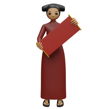 Mujer sosteniendo pancarta china y leyendo mensaje de año nuevo  3D Illustration