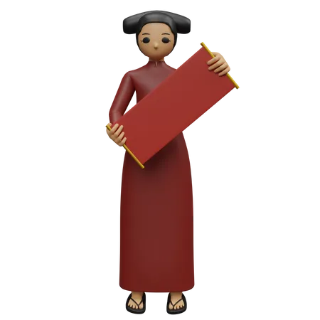 Mujer sosteniendo pancarta china y leyendo mensaje de año nuevo  3D Illustration