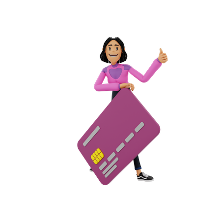 Mujer sosteniendo una tarjeta bancaria mientras muestra los pulgares hacia arriba  3D Illustration