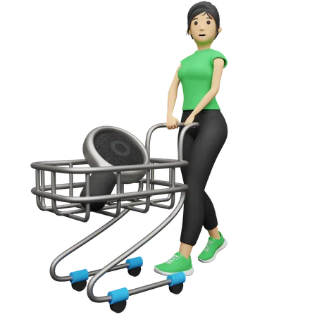 Mujer sosteniendo carrito de compras  3D Illustration