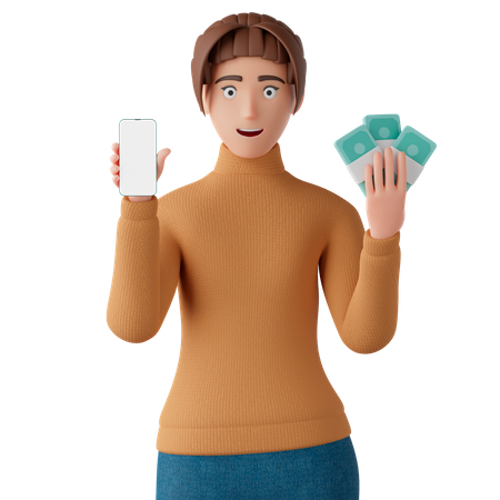 Mujer sosteniendo un teléfono inteligente y un montón de dinero en efectivo  3D Illustration