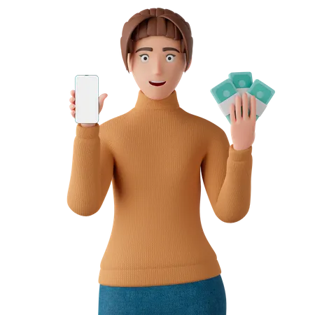 Mujer sosteniendo un teléfono inteligente y un montón de dinero en efectivo  3D Illustration