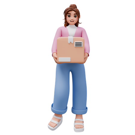 Mujer sosteniendo una caja con un paquete  3D Illustration