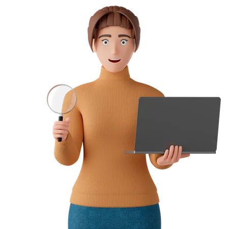 Mujer sostiene una lupa y una computadora portátil en la mano  3D Illustration