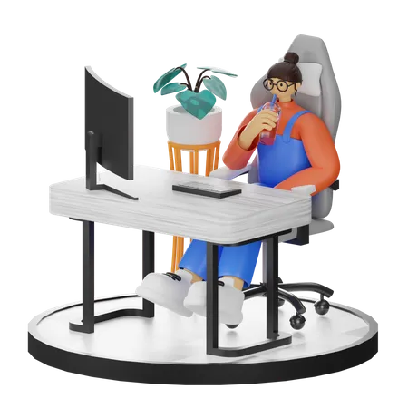 Mujer tomando café después del trabajo  3D Illustration