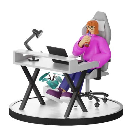 Mujer tomando un descanso para tomar café después del trabajo  3D Illustration