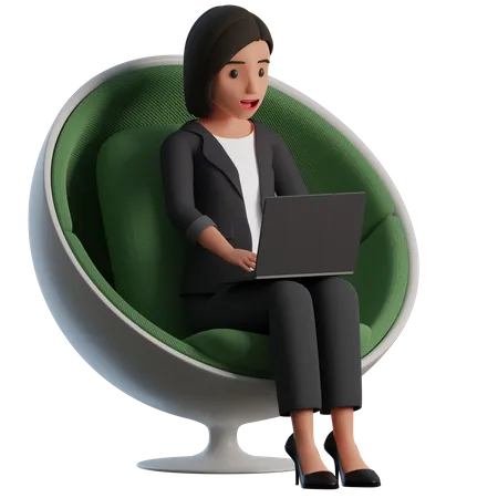 Una Mujer De Negocios De Caracter 3 D Disfrazada Trabaja En Una Silla Elegante Con Una Computadora Portatil 3D Illustration