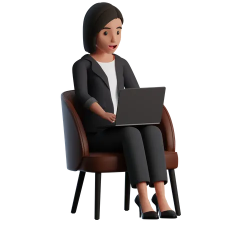 Una Mujer De Negocios De Caracter 3 D Disfrazada Trabaja En Una Silla Moderna Con Una Computadora Portatil 3D Illustration