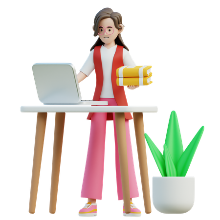 Mujer trabajando con computadora portátil desde casa  3D Illustration