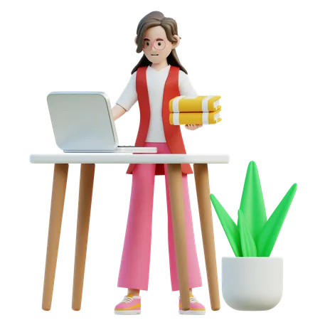 Mujer trabajando con computadora portátil desde casa  3D Illustration