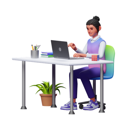 Mujer trabajando en la computadora portátil  3D Illustration