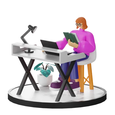 Mujer trabajando en la computadora portátil  3D Illustration