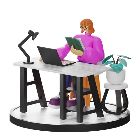 Mujer trabajando en la computadora portátil  3D Illustration