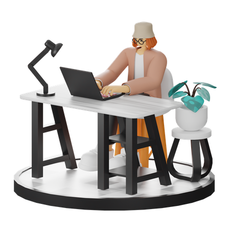 Mujer trabajando en la computadora portátil  3D Illustration