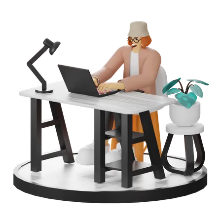 Mujer trabajando en la computadora portátil  3D Illustration