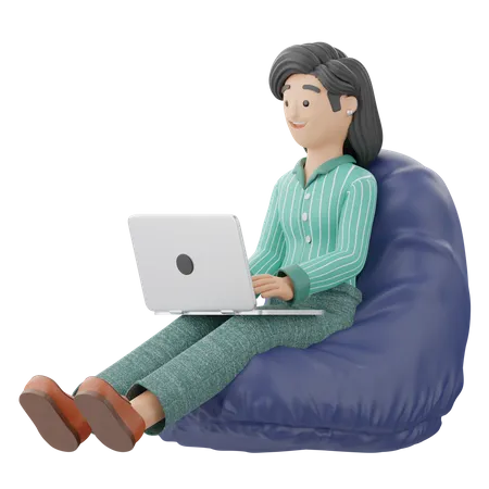 Mujer trabajando mientras está sentada en un puf  3D Illustration