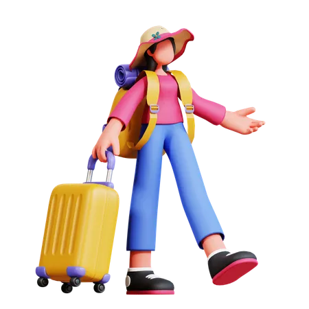 Turista femenina está lista para viajar  3D Illustration