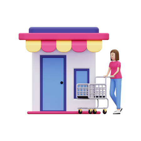 Una mujer usa un carrito de compras mientras compra en una tienda  3D Illustration