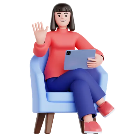 Mujer usando tableta en el sofá  3D Illustration