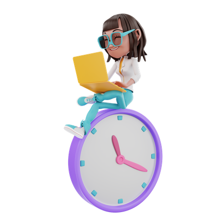 Mujer usando una computadora portátil y sentada en un reloj  3D Illustration