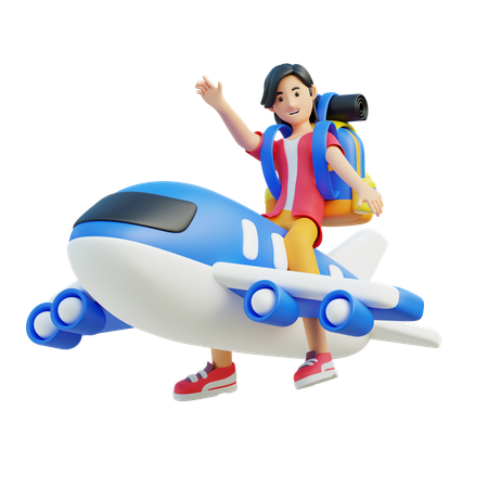 Mujer, viaje, en, avión  3D Illustration