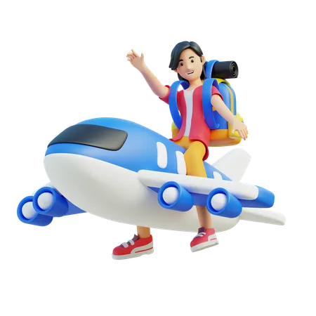 Mujer, viaje, en, avión  3D Illustration