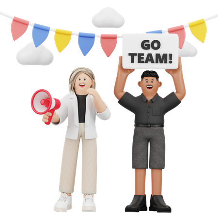 Mujer y hombre animando con cartel  3D Illustration