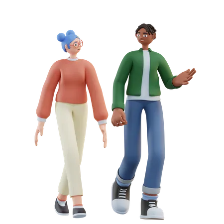 Mujer y hombre hablando mientras caminan  3D Illustration