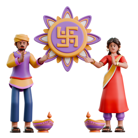 Una mujer y un hombre indios colocan una esvástica en Diwali  3D Illustration