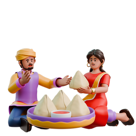 Mujer y hombre indios comiendo samosa  3D Illustration