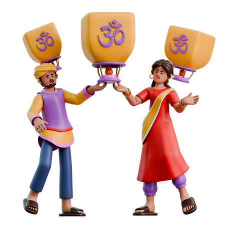 Mujer y hombre indios volando con linterna  3D Illustration
