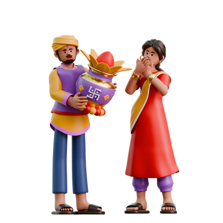 Mujer y hombre indios dando kalasha  3D Illustration