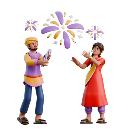 Mujer y hombre indios jugando con fuegos artificiales  3D Illustration
