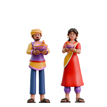 Mujer y hombre indios portando una lámpara de Diwali  3D Illustration