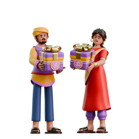 Una mujer y un hombre indios traen regalos de Diwali  3D Illustration