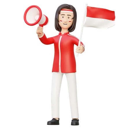 Indonesia Mujeres sosteniendo megáfono y bandera el día de la independencia  3D Illustration