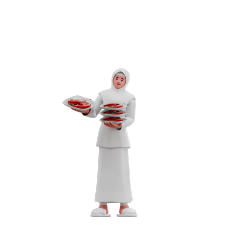 Mujeres musulmanas distribuyen carne de sacrificio higiénica  3D Illustration