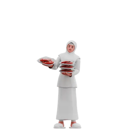 Mujeres musulmanas distribuyen carne de sacrificio higiénica  3D Illustration
