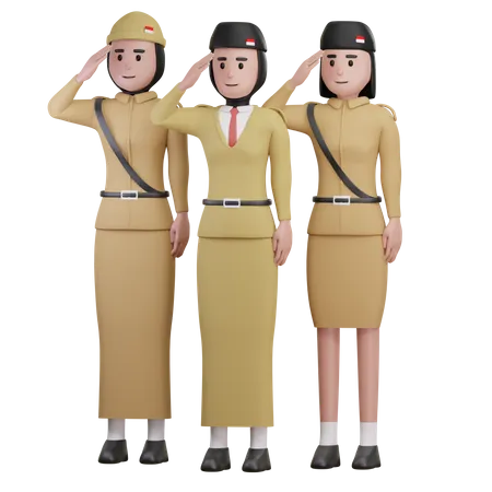 Mujeres soldados indonesias saludando el día de la independencia  3D Illustration