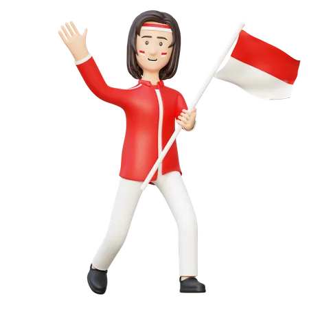 Mujeres sosteniendo la bandera de indonesia  3D Illustration