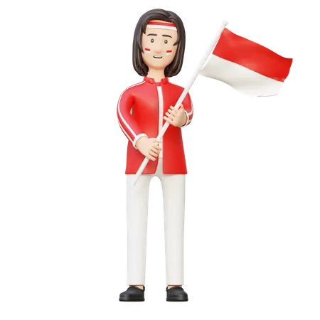 Mujeres sosteniendo la bandera de indonesia  3D Illustration