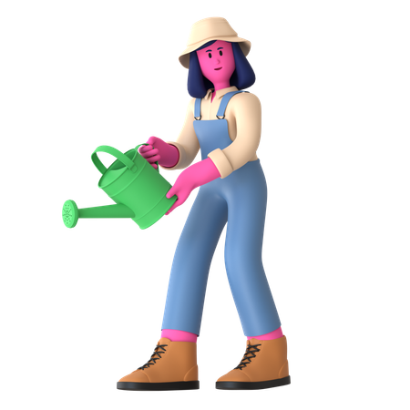 Agricultora segurando lata de água  3D Illustration