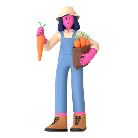 Agricultora segurando saco de cenoura  3D Illustration